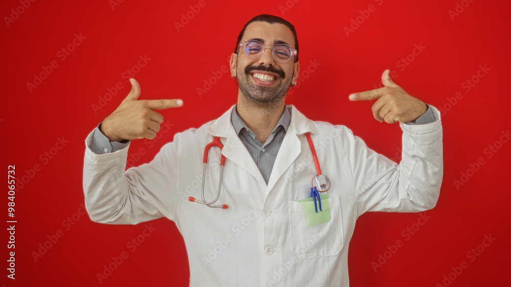 Hispanic male doctor smiling and pointing to himself against a vibrant red background Hispanic male doctor smiling and pointing to himself against a vibrant red background