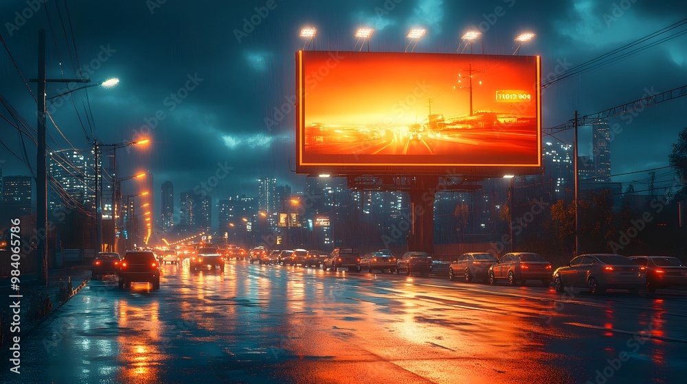 A glowing billboard illuminated on a busy city street at night, framed by urban lights and passing traffic, perfect for advertising mockups. A glowing billboard illuminated on a busy city street at night, framed by urban lights and passing traffic, perfect for advertising mockups.