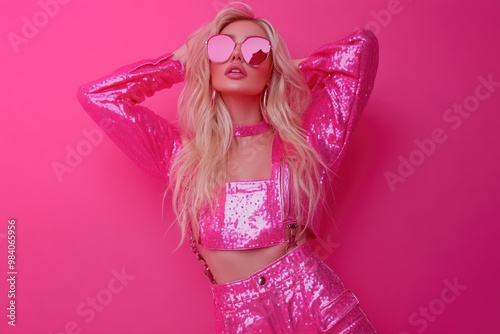 90s fashion model in sequin overalls and high heels