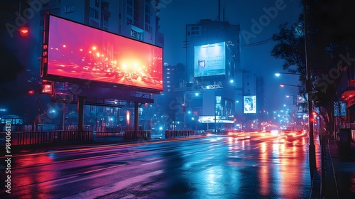 A night scene featuring a billboard on a busy street, with light trails from passing cars and city lights creating a dynamic atmosphere.