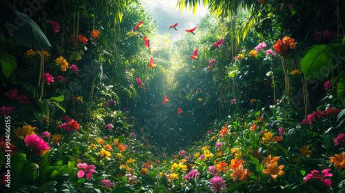 Vibrant tropical jungle filled with colorful macaws flying among lush greenery and exquisite flowers during a sunny day