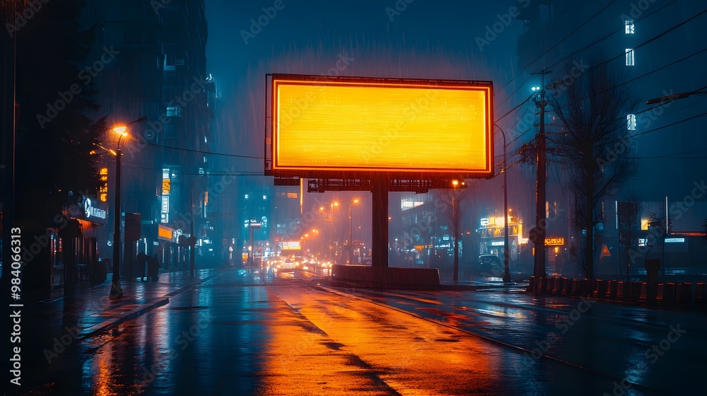 A billboard on a modern street at night, lit by surrounding buildings and car headlights, ideal for use in advertising mockups. A billboard on a modern street at night, lit by surrounding buildings and car headlights, ideal for use in advertising mockups.