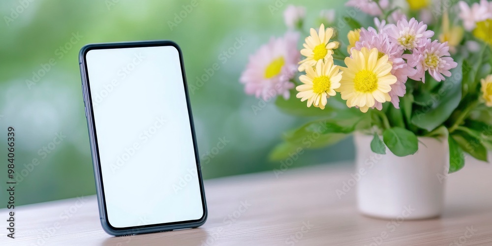 A cell phone is sitting on a table next to a vase of flowers A cell phone is sitting on a table next to a vase of flowers