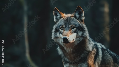 Portrait of a grey wolf standing alert against a darkened forest background Its sharp gaze and strong features are highlighted in natural light