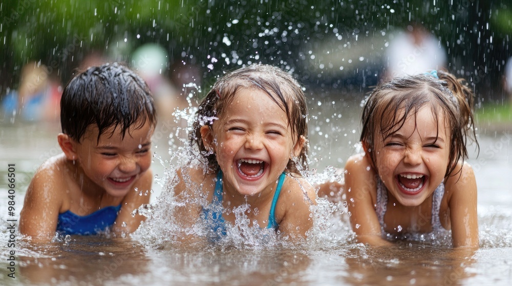 Joyful Children Playing in Rainy Water Splashing Fun Joyful Children Playing in Rainy Water Splashing Fun
