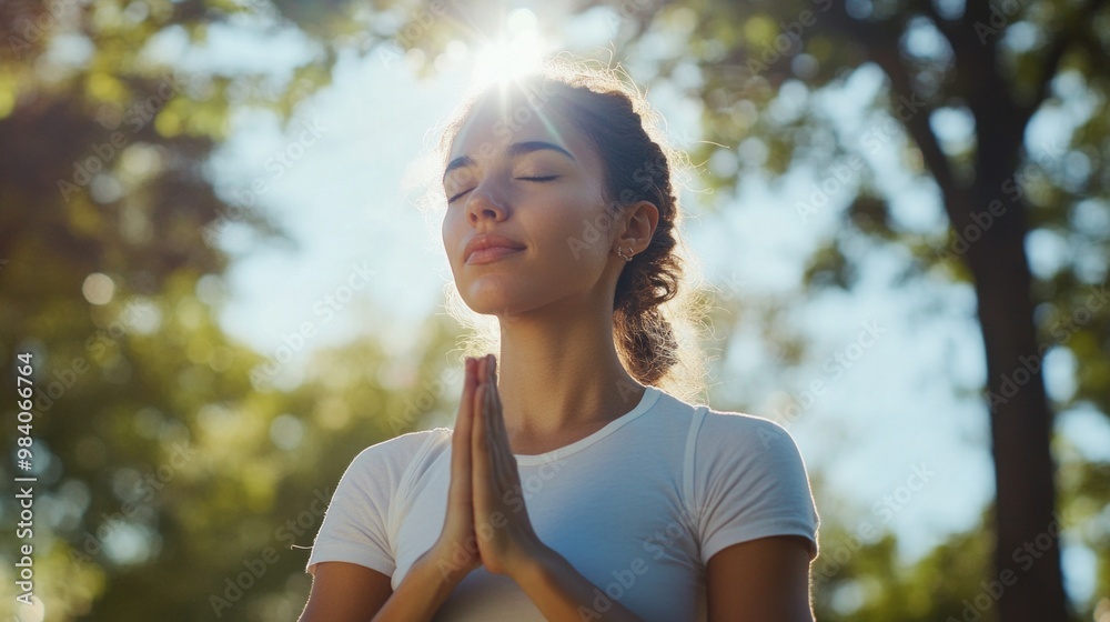A young woman practicing yoga outdoors on a sunny day, with nature in the background, promoting wellness, mindfulness, and a healthy lifestyle. Ideal for fitness and wellness campaigns. A young woman practicing yoga outdoors on a sunny day, with nature in the background, promoting wellness, mindfulness, and a healthy lifestyle. Ideal for fitness and wellness campaigns.
