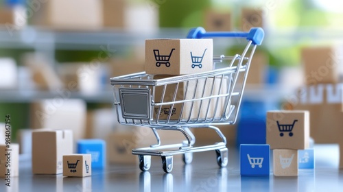 Shopping Cart with Delivery Boxes in Modern Store