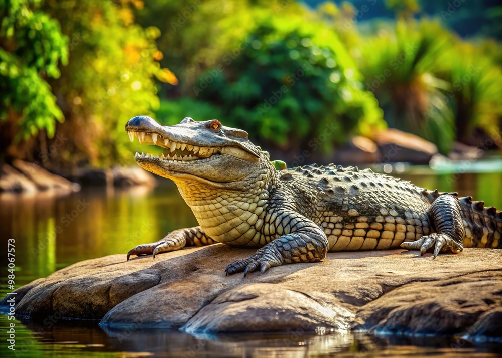 Obraz premium Majestic Indian freshwater crocodile, also known as fish-eating crocodile, basks in the sun on a rocky riverbank surrounded by lush green foliage.