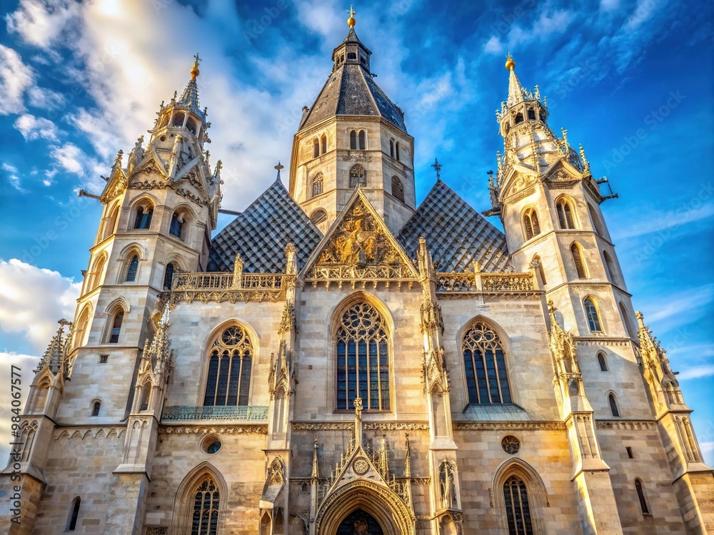 Majestic Gothic south tower rises above ornate facades, statues, and intricate stone carvings of historic St. Stephen's Cathedral in Vienna, Austria, against a clear blue sky. Majestic Gothic south tower rises above ornate facades, statues, and intricate stone carvings of historic St. Stephen's Cathedral in Vienna, Austria, against a clear blue sky.