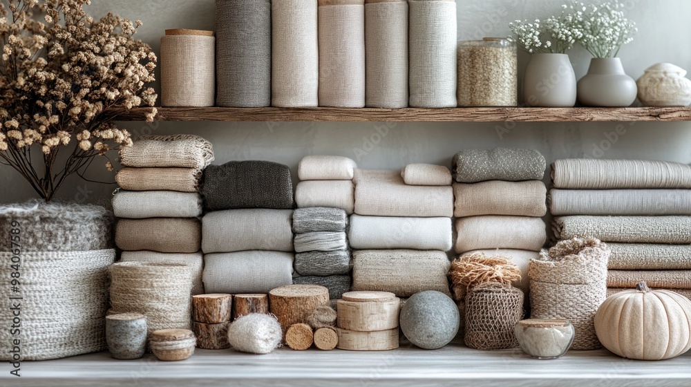 Cozy display of textiles and natural decor in neutral tones. Cozy display of textiles and natural decor in neutral tones.