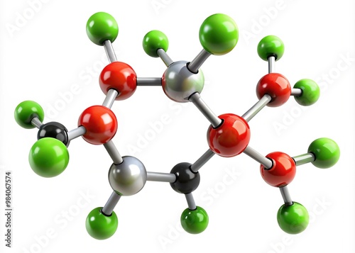 Molecular structure of perchloric acid, a strong mineral acid with the formula HClO4, illustrated as a 3D model with atoms and bonds in a white background. photo