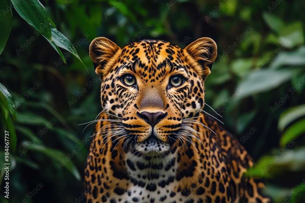 Fototapeta premium A close-up of a leopard face, capturing its intense gaze and intricate fur patterns, set against a blurred background of dense jungle foliage.