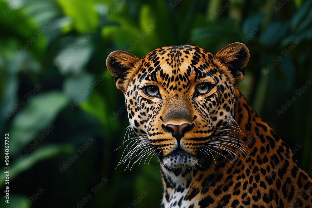 A close-up of a leopard face, capturing its intense gaze and intricate fur patterns, set against a blurred background of dense jungle foliage.