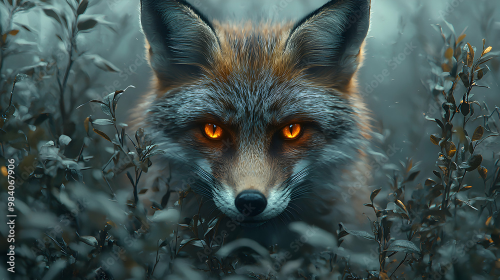 Fototapeta premium Fox with glowing amber eyes emerging from the dense shadows of a misty forest, blending seamlessly into the dark surroundings