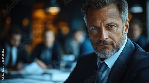 A confident businessman in a suit, exuding authority and focus in a meeting setting, surrounded by attentive colleagues.