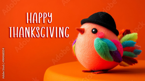 A colorful, whimsical bird dressed for Thanksgiving sits against an orange background, accompanied by festive text. photo