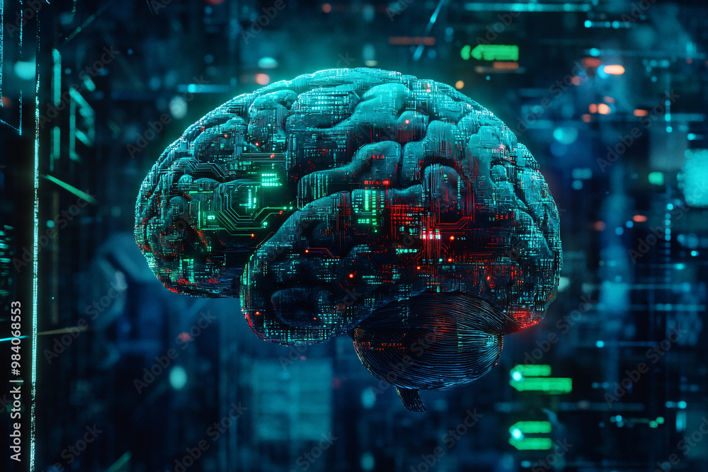 Obraz premium glowing digital brain with circuit-like patterns surrounded by high-tech elements symbolizing advanced technology