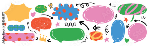 Cute hand drawn arrows and speech bubble vector set.