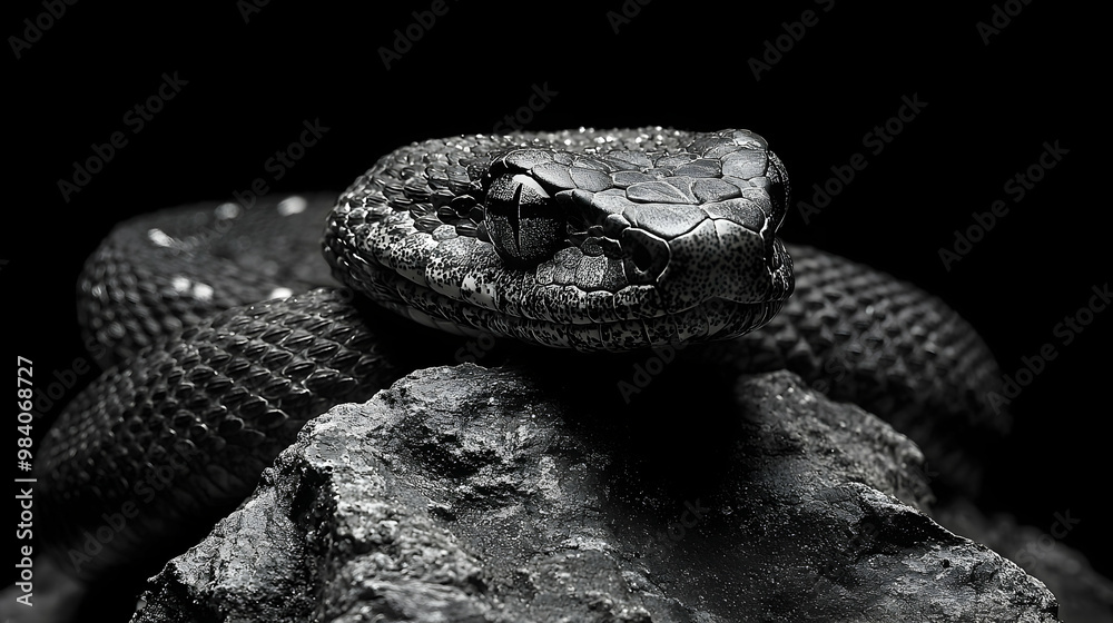 Fototapeta premium Serpent coiled around a jagged stone, its scales glinting faintly under minimal light in the shadows
