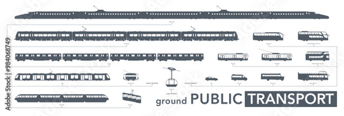 Public transport icon set. Ground vehicles silhouette on white. Vector illustration