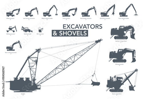 Excavators & shovels icon set. Digging machines silhouette on white. Vector illustration