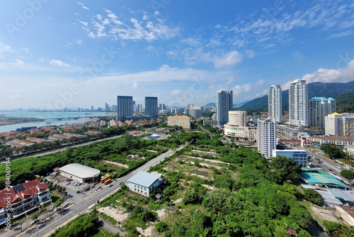 Aerial view Straits Quay and residential housing area and commercial buildings at Tanjung Tokong, Penang. 