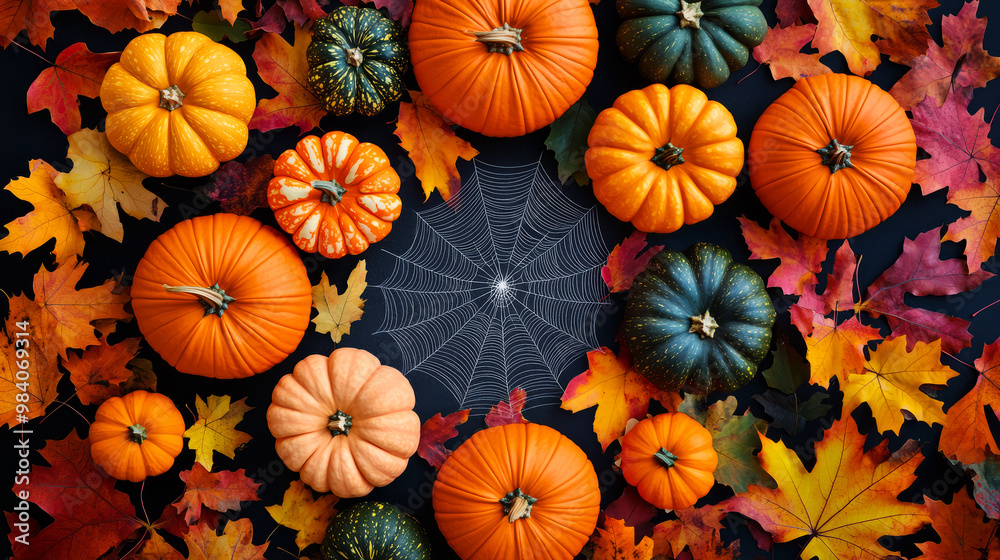 A vibrant arrangement of various pumpkins surrounded by colorful autumn leaves against a dark background, capturing the essence of fall. A vibrant arrangement of various pumpkins surrounded by colorful autumn leaves against a dark background, capturing the essence of fall.