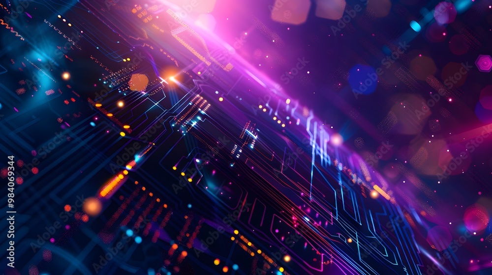 Fototapeta premium A background image with a high-tech, futuristic design in shades of purple, blue, and black. The scene is lit by a beautiful golden light from above, highlighting the intricate tech lines and adding a