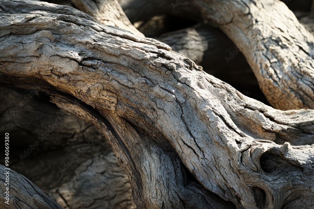 A few large, weathered tree branches lying horizontally. The branches are rough and cracked A few large, weathered tree branches lying horizontally. The branches are rough and cracked