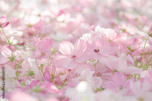 A field of delicate pink flowers in full bloom, captured from a close perspective