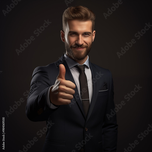 Confident businessman looking at camera and giving thumbs up