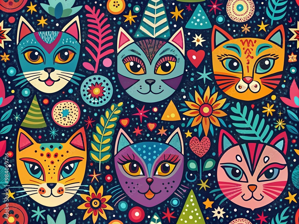 Naklejka premium Vibrant, colorful feline-inspired patterns adorn a sleek, modern background, featuring repeating shapes and whimsical strokes, evoking a playful