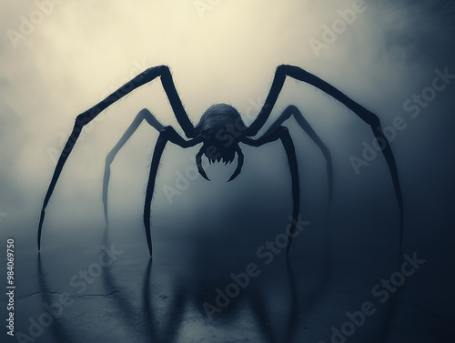 A dramatic silhouette of a gigantic spider lurking in a foggy environment, showcasing its eerie presence. Scene from a Horror film or nightmare. photo