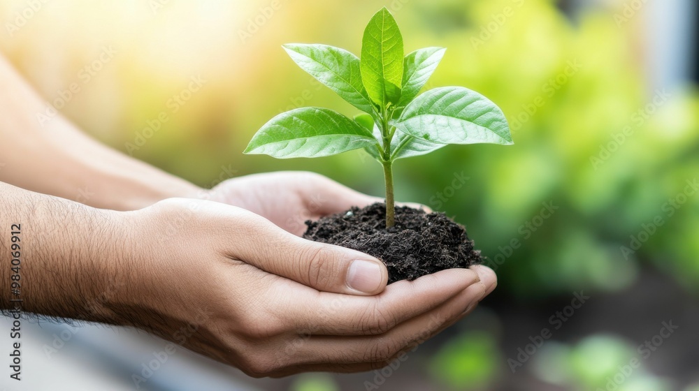 Close-up of hands holding a small green plant growing in soil, representing concepts of growth, sustainability, and environmental care. Close-up of hands holding a small green plant growing in soil, representing concepts of growth, sustainability, and environmental care.