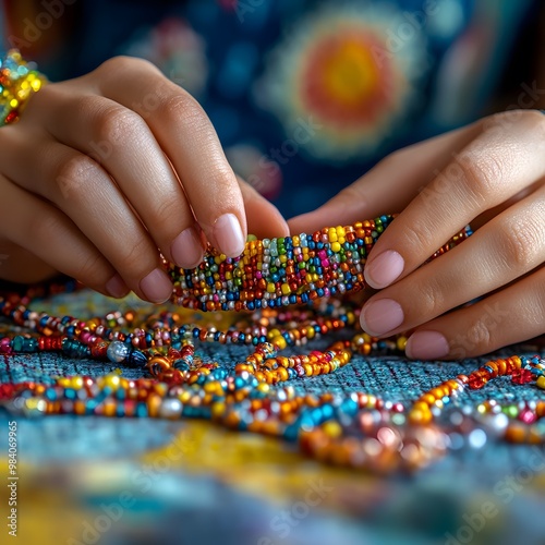 Smiling girl making a bracelet from beads. Making jewelry by hand