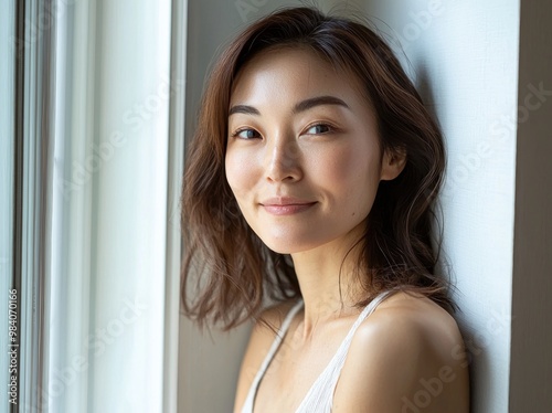 Close-up portrait of a beautiful, smiling middle-aged Japanese woman standing by the window, touching her neck with one hand and looking at the camera. She is wearing a light grey tank top. generated 