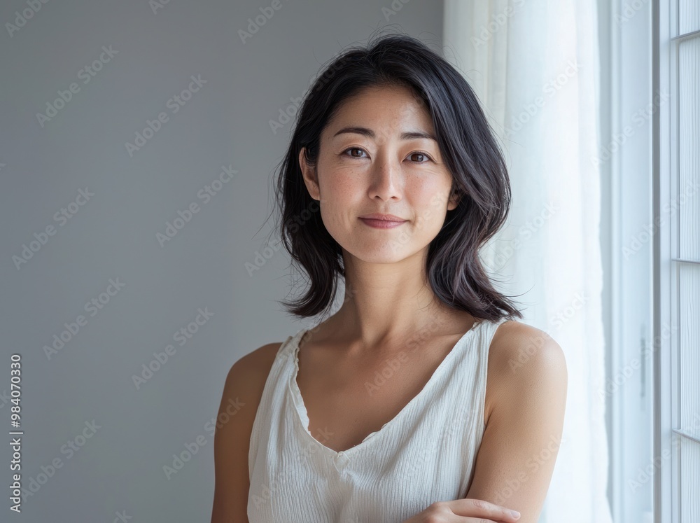 Close-up portrait of a beautiful, smiling middle-aged Japanese woman standing by the window, touching her neck with one hand and looking at the camera. She is wearing a light grey tank top. generated Close-up portrait of a beautiful, smiling middle-aged Japanese woman standing by the window, touching her neck with one hand and looking at the camera. She is wearing a light grey tank top. generated