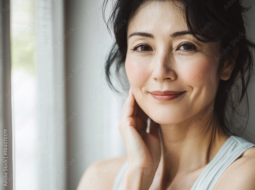 Close-up portrait of a beautiful, smiling middle-aged Japanese woman standing by the window, touching her neck with one hand and looking at the camera. She is wearing a light grey tank top. generated Close-up portrait of a beautiful, smiling middle-aged Japanese woman standing by the window, touching her neck with one hand and looking at the camera. She is wearing a light grey tank top. generated