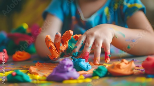 Child hands playing with colorful clay