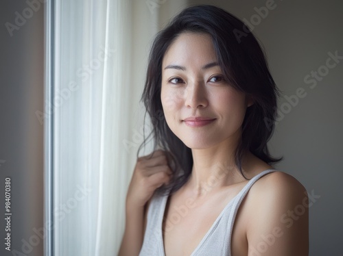 Close-up portrait of a beautiful, smiling middle-aged Japanese woman standing by the window, touching her neck with one hand and looking at the camera. She is wearing a light grey tank top. generated 