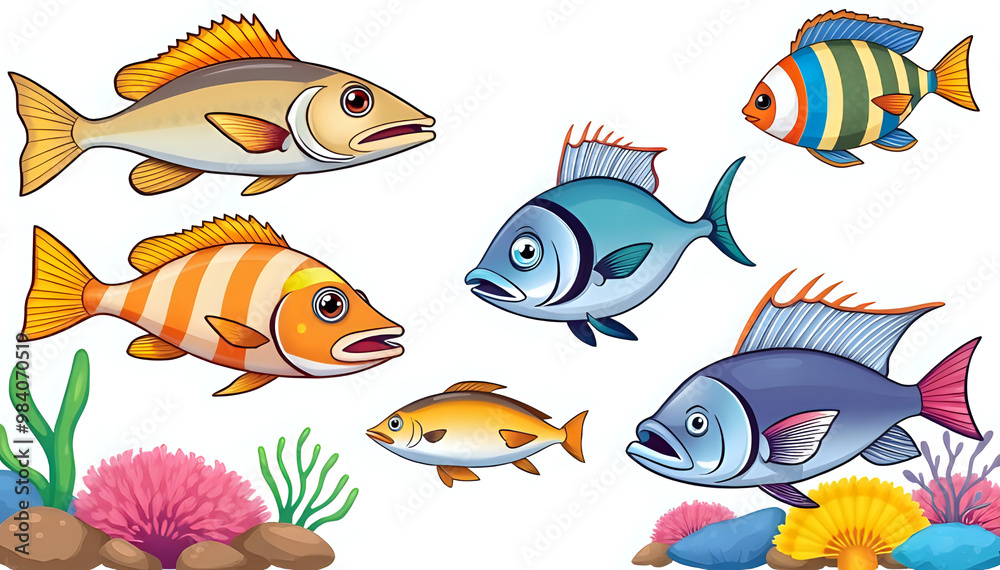 Cartoon vector set of sea fish including grouper, cod, tuna, and herring, along with oceanic creatures and coral. Isolated on white background. Cartoon vector set of sea fish including grouper, cod, tuna, and herring, along with oceanic creatures and coral. Isolated on white background.