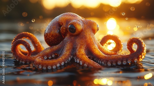 Hyperrealistic 3D Octopus Floating in the Water at Golden Hour, Close-Up with Depth of Field


