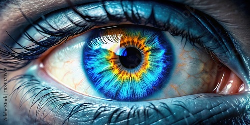 Vibrant close-up of a human eye with a bright blue iris, intricate details, and a sharp focus on the pupil against a soft blurred background. photo
