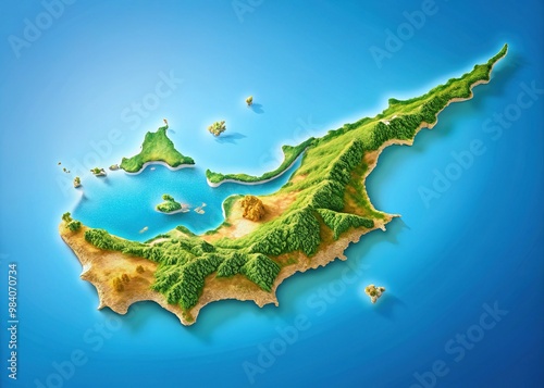 Vibrant digital illustration of Cyprus island, featuring detailed topography, coastline, and cities, set against a subtle gradient blue background, perfect for travel or educational projects. #984070734