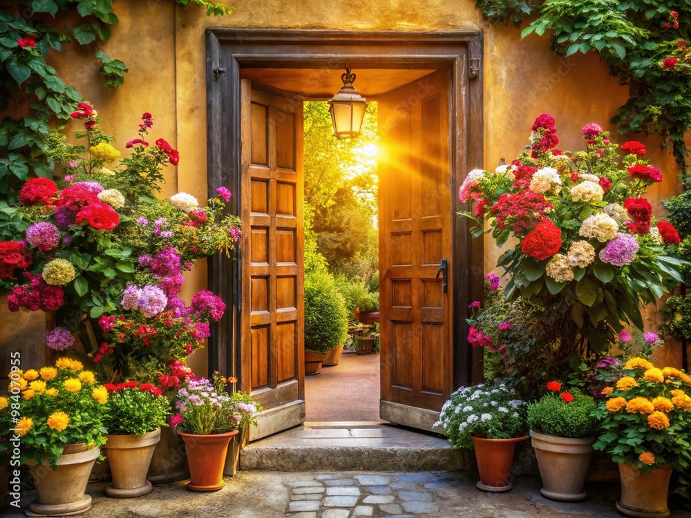 Fototapeta premium Vibrant entrance with open double doors, colorful flowers, and a warm golden light spilling out, conveying a sense of hospitality and inviting atmosphere.