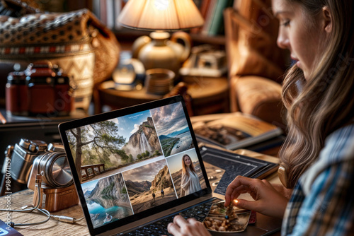 young woman digitizing and sorting her vacation photos