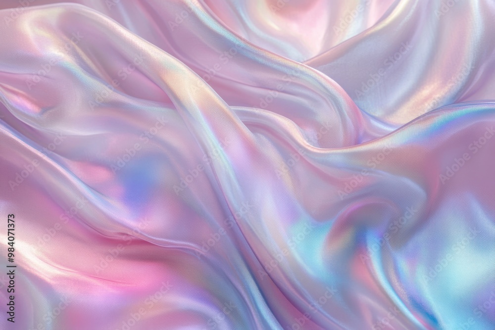 A flowing, iridescent fabric with soft waves of pastel pink, blue, and purple hues A flowing, iridescent fabric with soft waves of pastel pink, blue, and purple hues