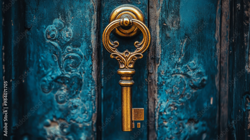 An old, intricately designed key resting on a textured stone surface illuminated by soft golden light during dusk An old, intricately designed key resting on a textured stone surface illuminated by soft golden light during dusk