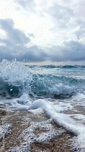 Ocean Waves Crashing Against the Shore on a Sunny Day with Clear Blue Sky