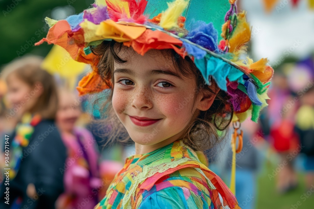 A joyful child wearing a colorful costume and a bright hat smiles at the camera. The image captures the excitement of a festive celebration outdoors. Generative AI A joyful child wearing a colorful costume and a bright hat smiles at the camera. The image captures the excitement of a festive celebration outdoors. Generative AI